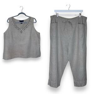 Venezia Linen Embroidered Sleeveless Top Elastic Drawstring Pants Women 18/20